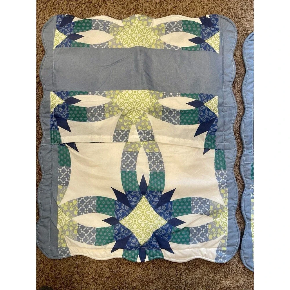 Quilted Double Wedding Ring Pillow Shams Blue Green Set of 2